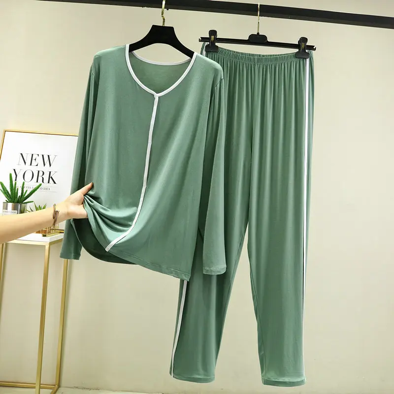 Women's Modal NEW Soft Pajamas Casual Sleepwear Set Women Pajama Set Full Sleeves Fashion Stripe V-Neck Shirt Pant Homewear