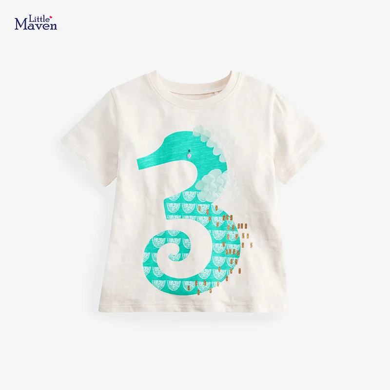 

HIBYHOBY/2023 г. Летняя одежда хлопковая футболка Топы с принтом гиппокампи, Детская Повседневная Удобная дышащая одежда для детей, От 2 до 7 лет