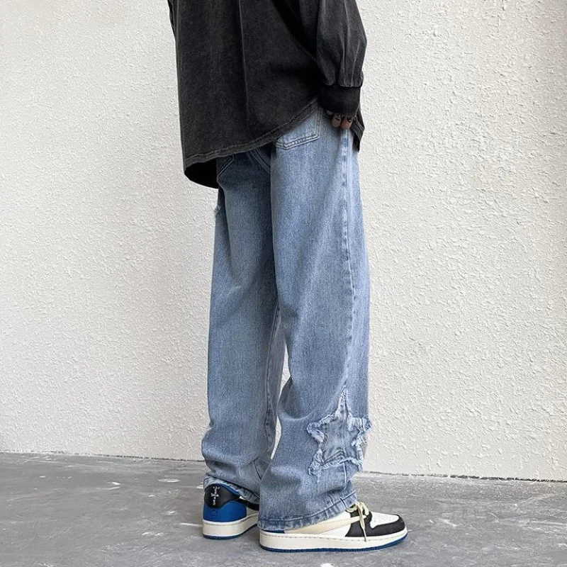 Elastic Waist Men Jeans Ins Fashion Embroidery Denim Trousers Plus Size Baggy Wide Pants Casual Bottoms Vintage Y2K Male Clothes