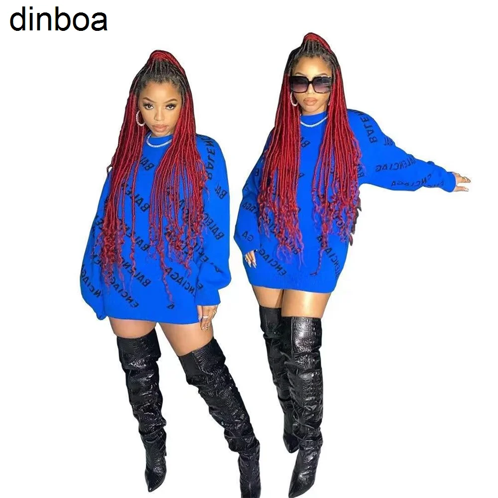 

Dinboa J&h 2022 New Arrivals All Over Print Oversized Pullover Sweatshirt Dress Women Trendy Blue Shirt Dresses Spring Clothes