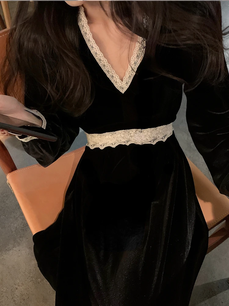 

2022 женское бархатное платье, вечернее женское французское корейское кружевное приталенное черное платье в стиле ретро, Элегантное повседневное осеннее винтажное платье миди