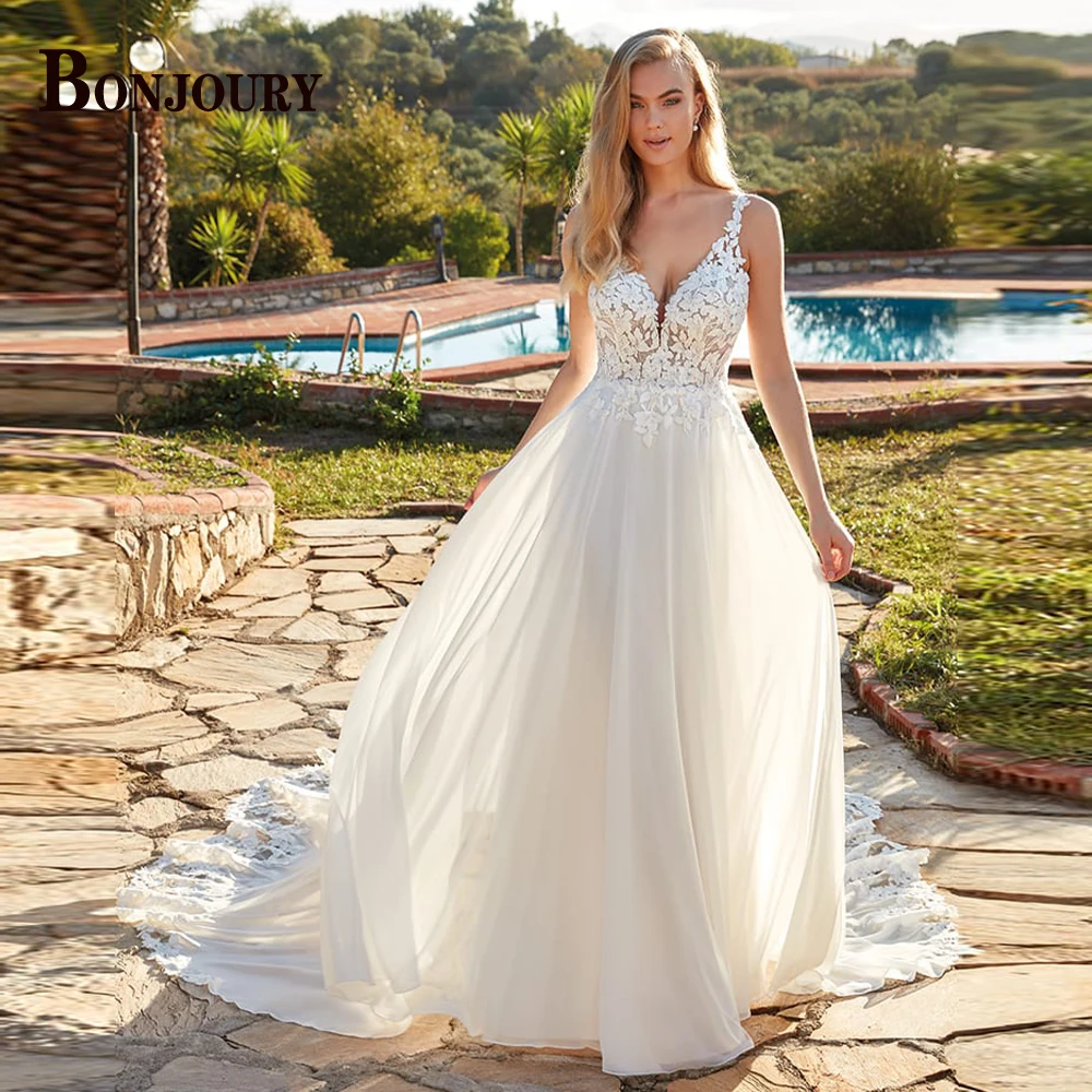 

BONJOURY Classic Chiffon Wedding Dresses For Women 2023 Bride A-line Tank Sleeveless Sweetheart Robe De Mariée Made To Order