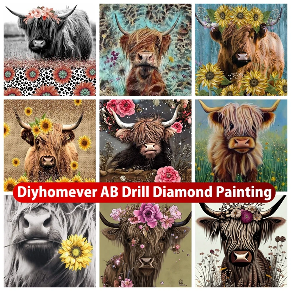 

Highland Cattle Cow 5D DIY AB Diamond Painting Embroidery Cartoon Animal Cross Stitch Mosaic Pictures Handmade Home Decor