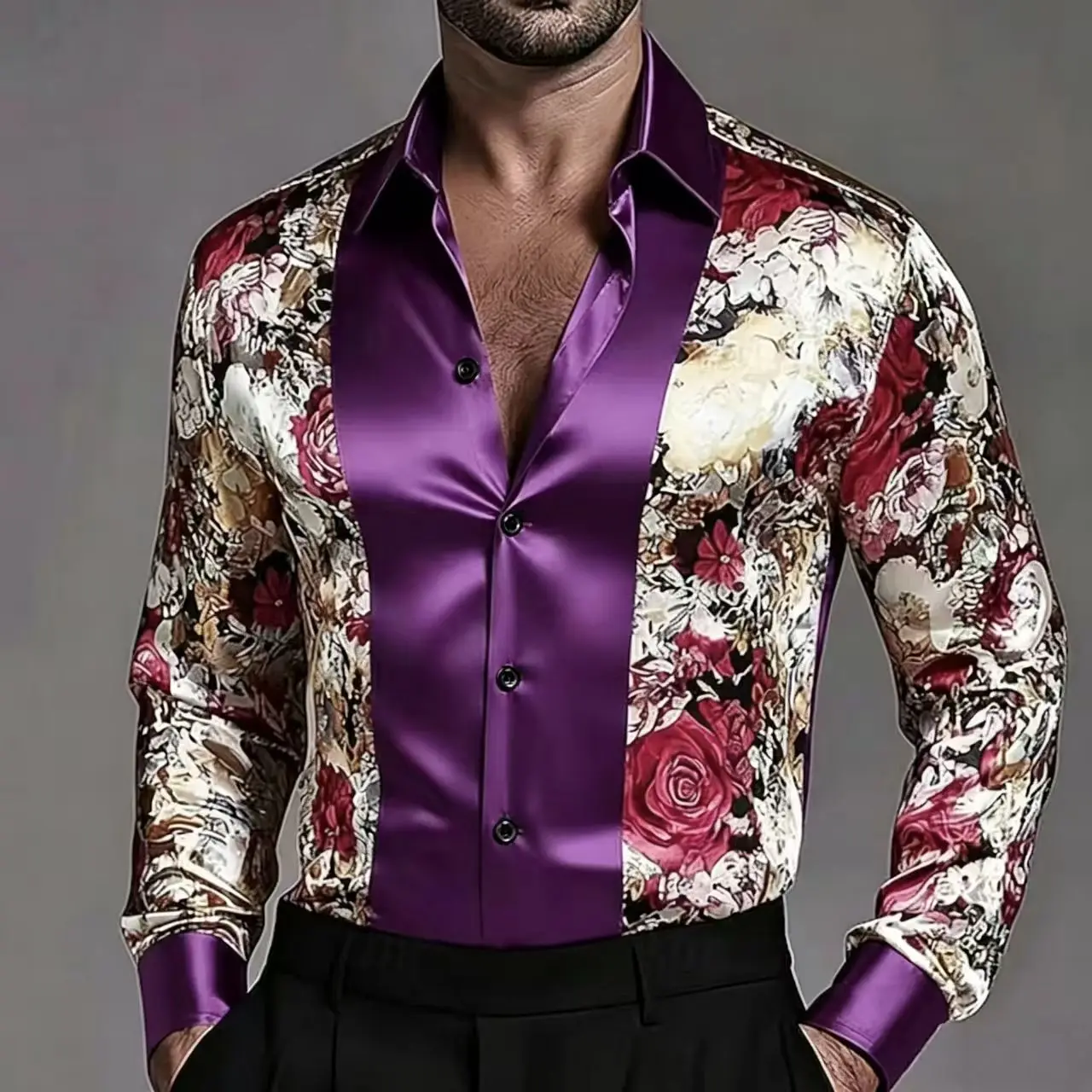 Фото Мужская модная рубашка Slim Fit с контрастным атласным полосатым цветочным узором, элегантная и удобная, высококачественный повседневный топ №1