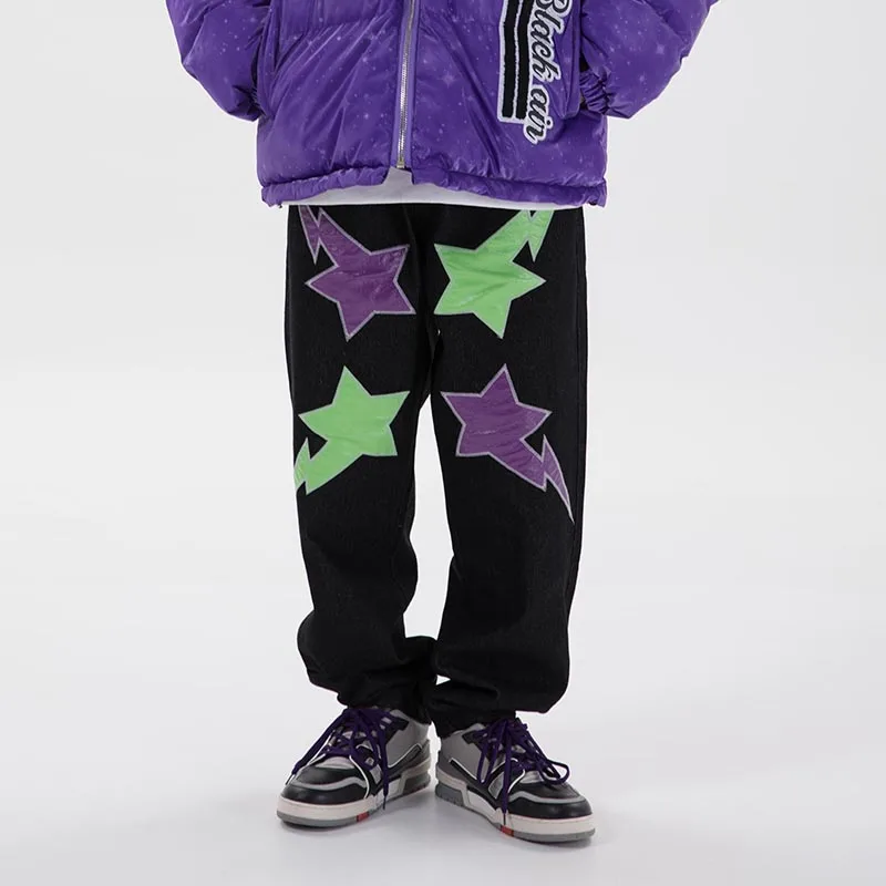 

High Street Stars Letter Embroidery Denim Pants Mens and Womens Washed Retro Straight Jeans Hip Hop Casual Trousers