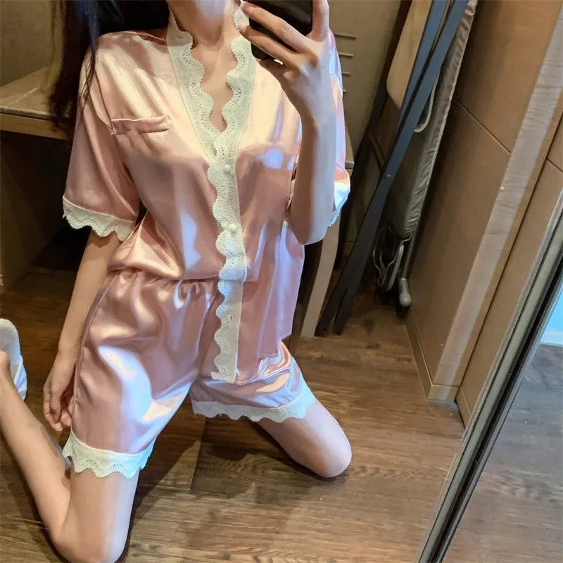 Женская шелковая пижама с коротким рукавом и шортами в Корейском стиле |