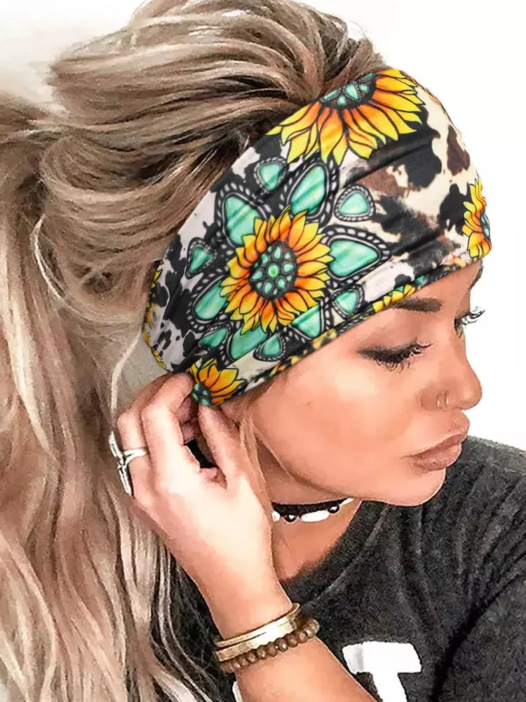 

Women Cow Sunflower Turquoise Leopard Wide Headband Summer Wide Stretch Hair Band for Girls Elastic Turban Flower Headbands