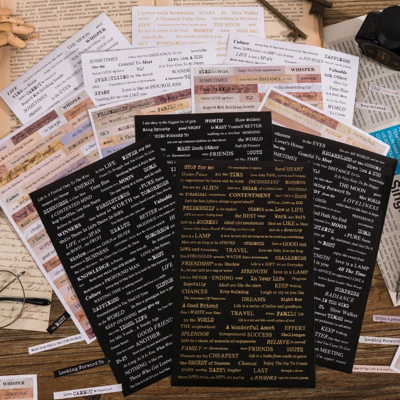 

Vintage English Bronzing Decal Hand Account DIY Stickers Self Adhesive Cat Letter Daily Decorative Golding Twinkle Stickers