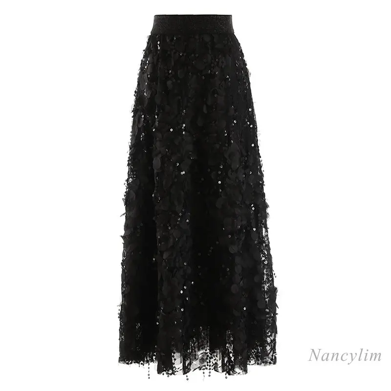 Sequin Tassel Lace Skirt for Women Elastic Waist Big Swing Fashion Long Skirts 2023 Spring Socialite Light Luxury Skirt Younger