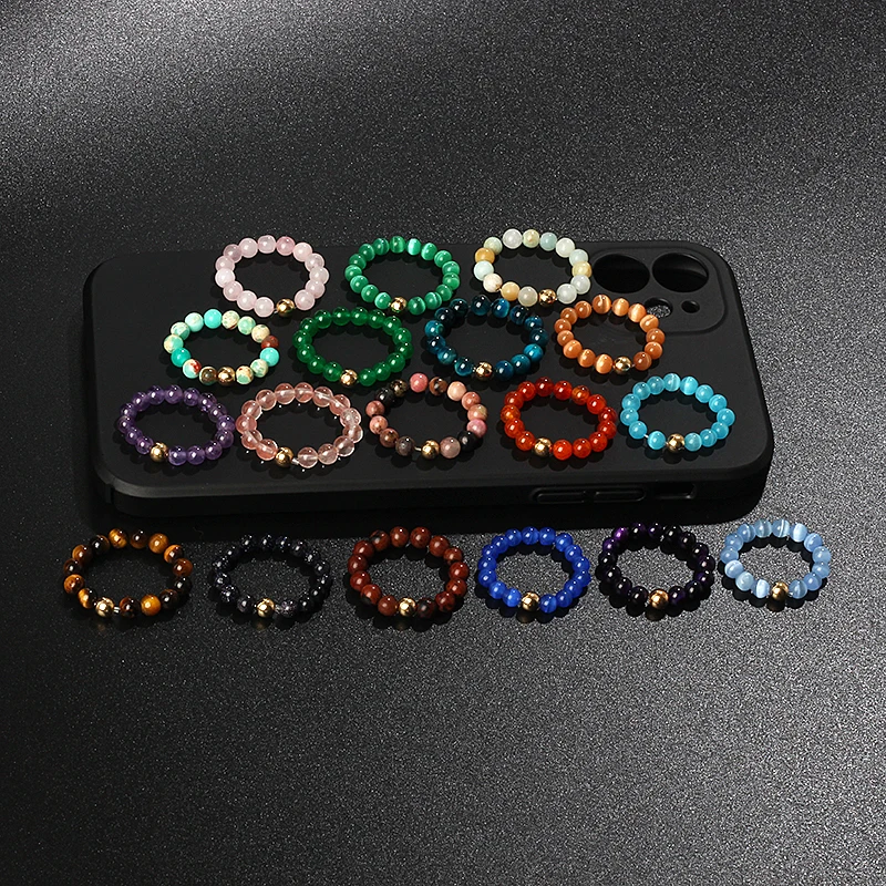 

Natural Stone Rings For Women Men Handmade Amethysts Hematite Jades Bohemian Jewelry Elastic Wedding Party Ring Wholesale Gifts