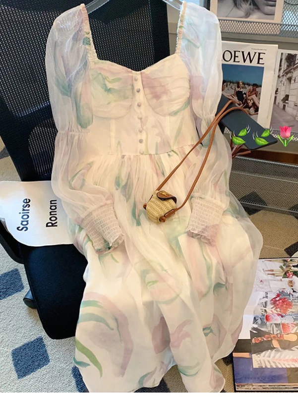 

French Square Neck Floral Dress High-end Fashion Spring 2022 Women's Fairies Elegant Girl Dress Retro Gentle Party Women Clothes