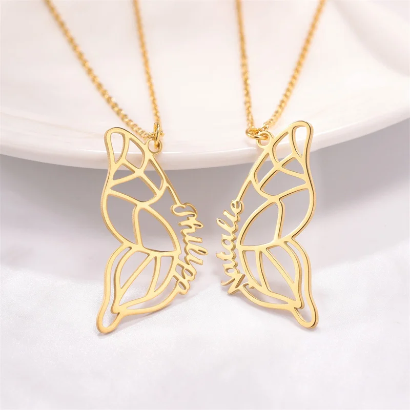 Custom Two Butterfly Best Friends Necklace Set BFF Necklace for 2 Butterfly Wings Personalized Couple Name Jewelry Valentine's G