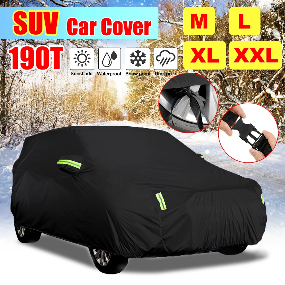 

190T Universal Full Black Auto Car Covers Outdoor Waterproof Sun Rain Snow Protection UV For SUV Sunshade Covers M/L/XL/XXL