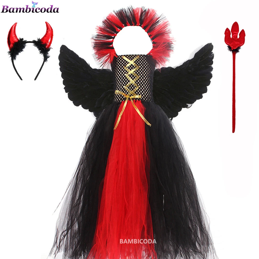 

Halloween Cosplay Witch Costume for Kids Evil Queen Children Clothing Festival Girls Tutu Dress with Horns Wings Party Dress