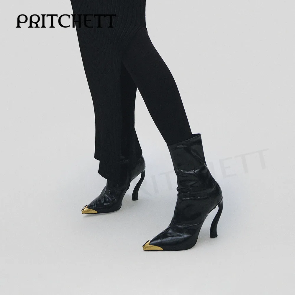 Черные лакированные кожаные ботильоны с боковой молнией металлический острый