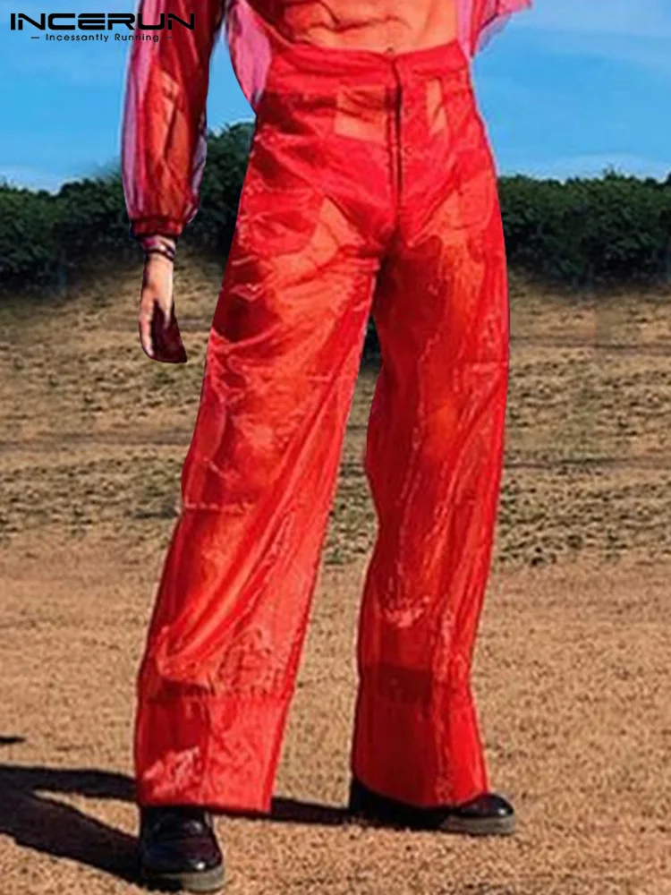 

INCERUN Men Pants Mesh Transparent 2023 Button Loose Solid Fashion Party Straight Trousers Men Streetwear Sexy Pantalon S-5XL