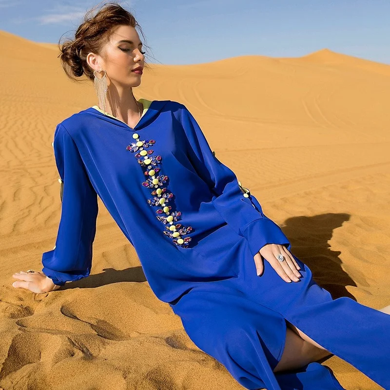 

Hand-Stitched Diamond Hooded Abaya Dress for Women Royal Blue Hollow Out Long Sleeve Front Split Dubai Moroccan Caftan