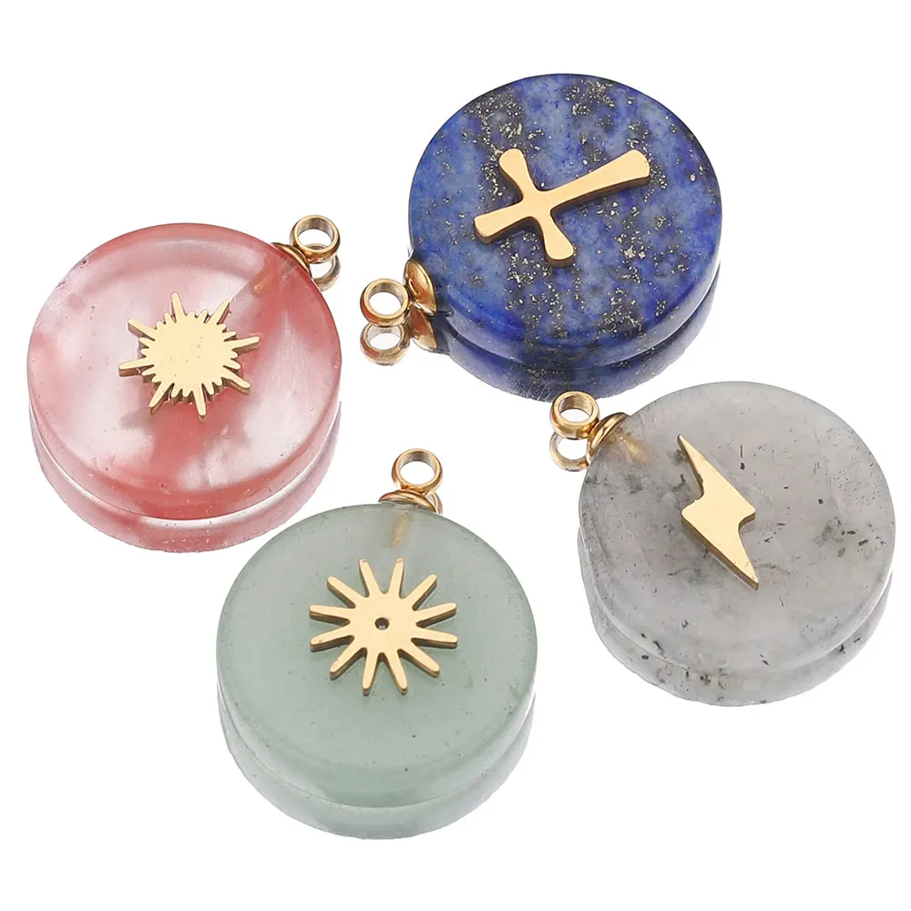 

4pcs Natural Stone Stainless Steel Gold Plated Cute Round Charms Dangles Pendants DIY Earring Necklaces Jewelry Making Keychain