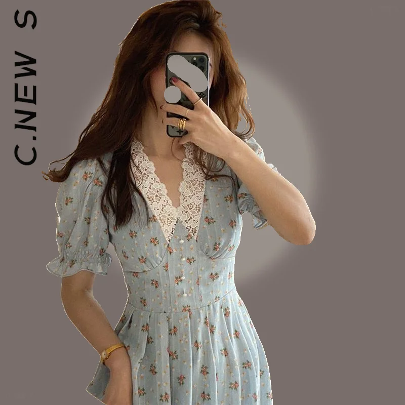 Новое цветочное кружевное шифоновое платье C.New S в Корейском стиле для вечеринки