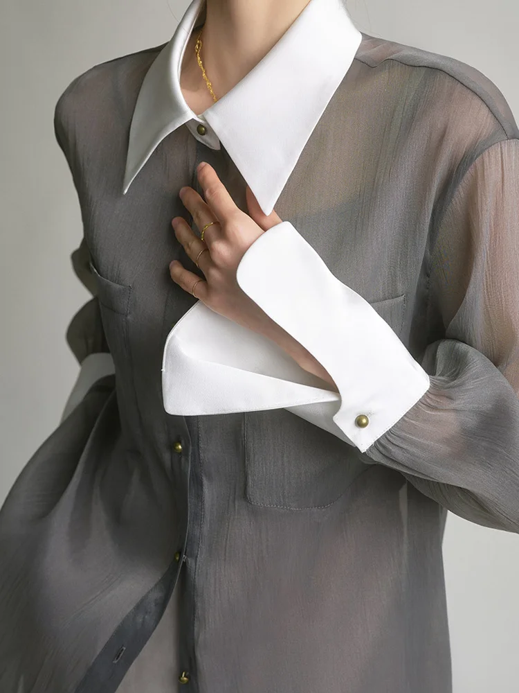 

Grey Thin Women's Shirt Solid Color Perspective Fashion Woman Blouse 2023 Shirt Two-Piece Suit Causal Female Tops