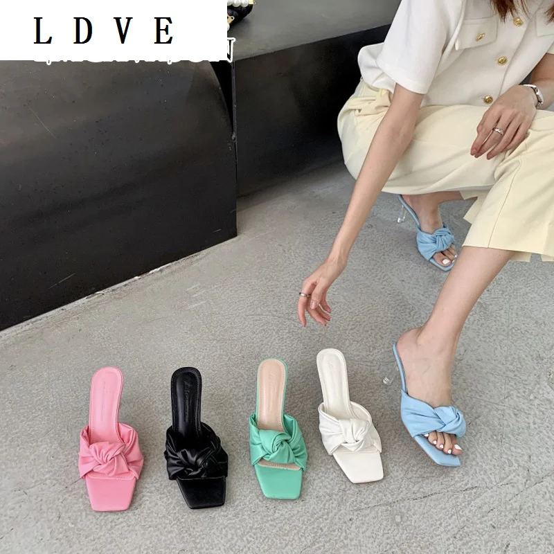 

Korean 2021 version of the summer new square toe twisted bottom stiletto high-heeled slippers open-toed high-heeled wo