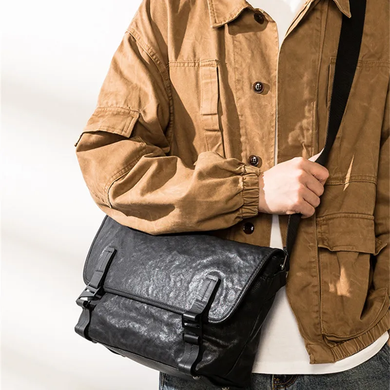 Casual handmade genuine leather men's black work messenger bag outdoor youth daily luxury real cowhide tablet hasp shoulder bag