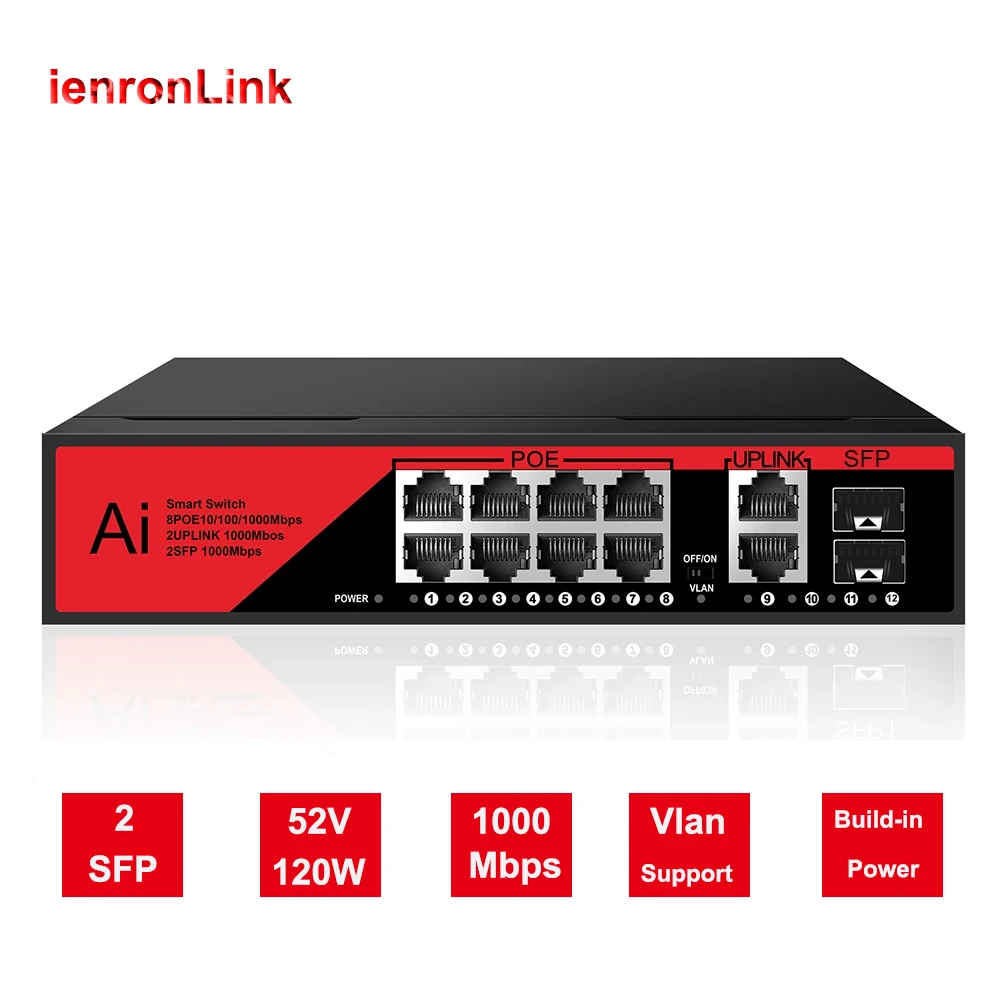 

POE Switch Gigabit Network Fast Ethernet Switch 1000mbps 8 Poe 2 SFP with Vlan Network Switch For For IP Camera Wireless AP
