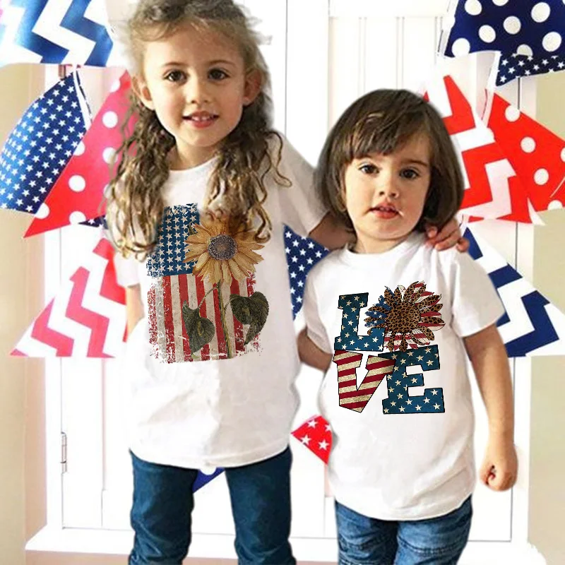 

Love Sunflower 4th of July T-shirts Girls Tees Stars Child Tops Short-sleeve Clothes for Summer T-shirt July Fourth Kids Outfits