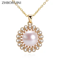 zhboruin 2022 round flower pearl necklace real freshwater pearl trendy exquisite 14k gold plated pendant jewelry mother present