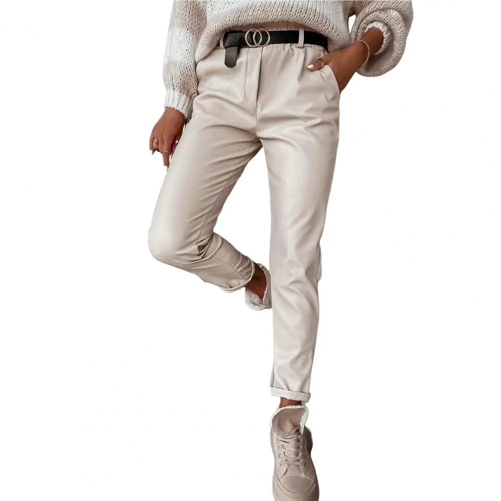 

Women Faux Leather Trousers Pockets Stretchy Long Pants Mid-rise Faux Leather Thermal Pants