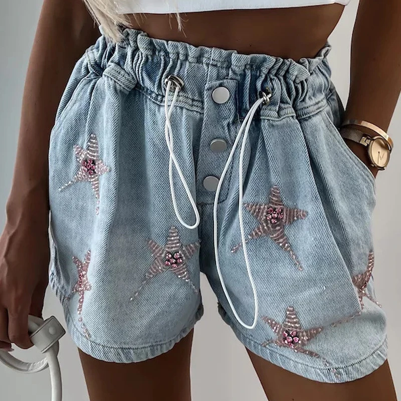 

Spring Stars Beading Decoration Denim Shorts Women Buttoned Drawstring Slim Short Pants Summer Fashion Pocket Beach Shorts Mujer