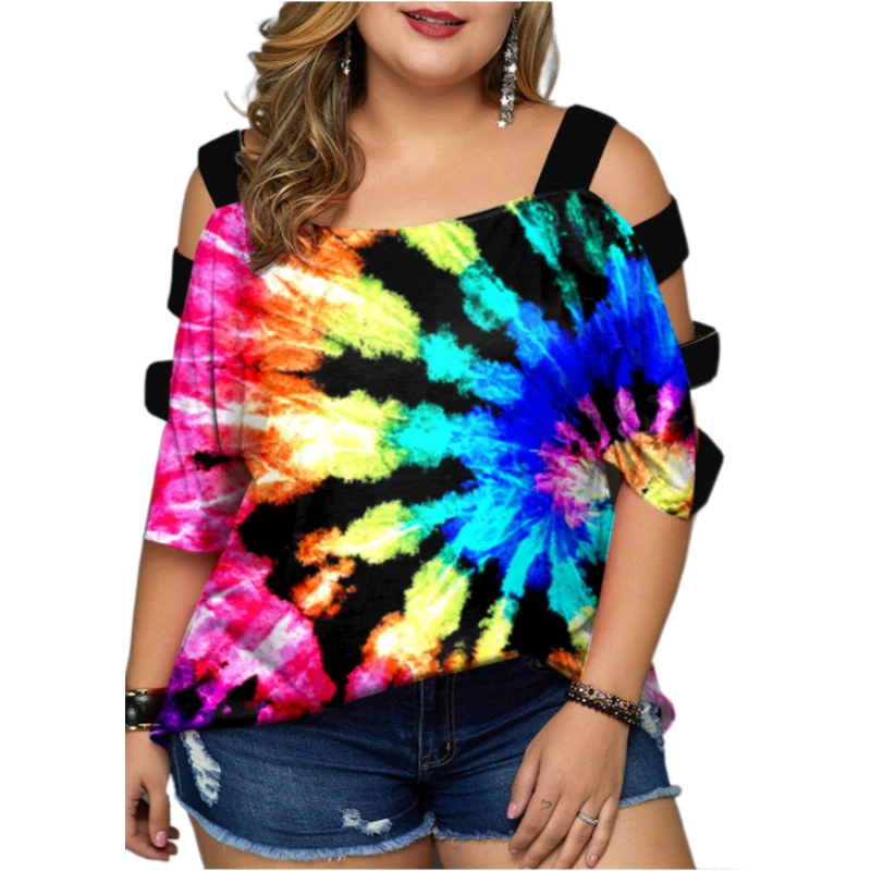 Plus Size Tunics Summer Cutout Sleeve Top Dye Tie Sunflower Hollow Out Peplum Top 90S Outfits Lady Ropa Plus Size Mujer Boutique