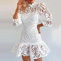 fashion women dress solid color hallow out lace patchwork collar long sleeve pullover spring autumn a line dress for ladies