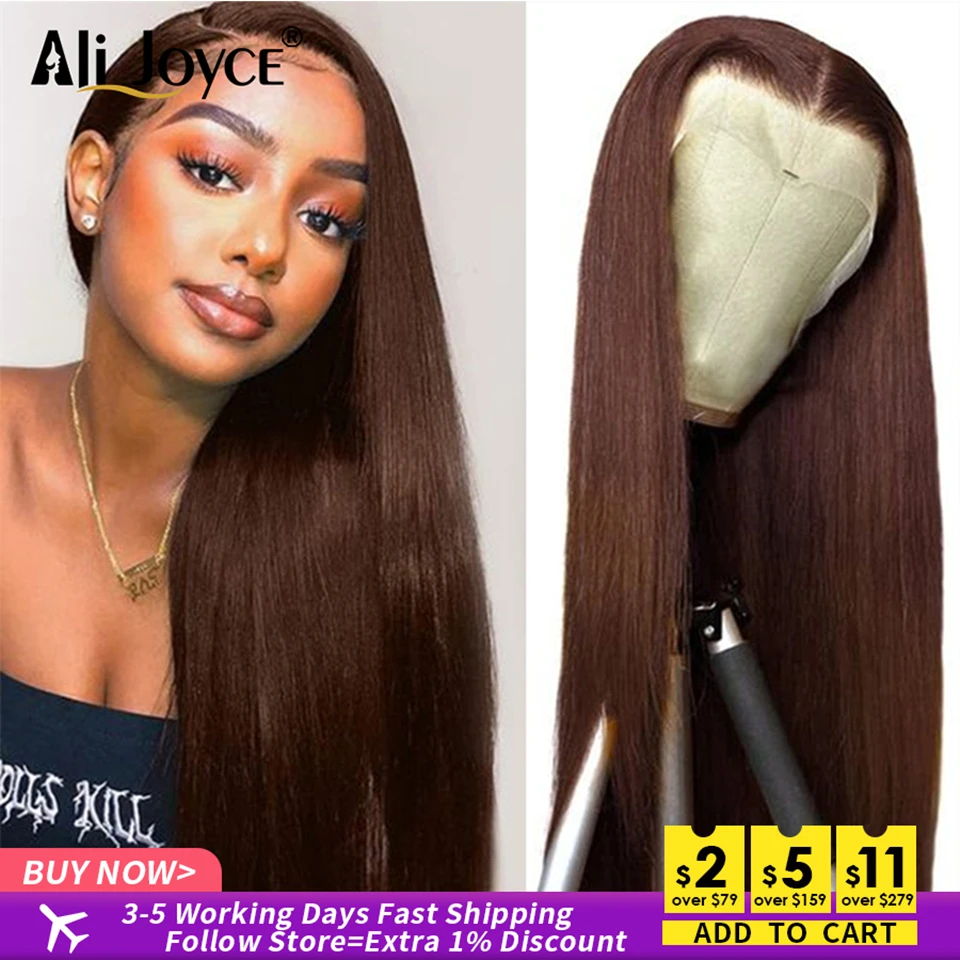 Brazilian Chocolate Brown Straight 13x4 Lace Front Human Hair Wigs Pre Plucked Natural Hairline Remy Hair #4 Chestnut Brown Hair