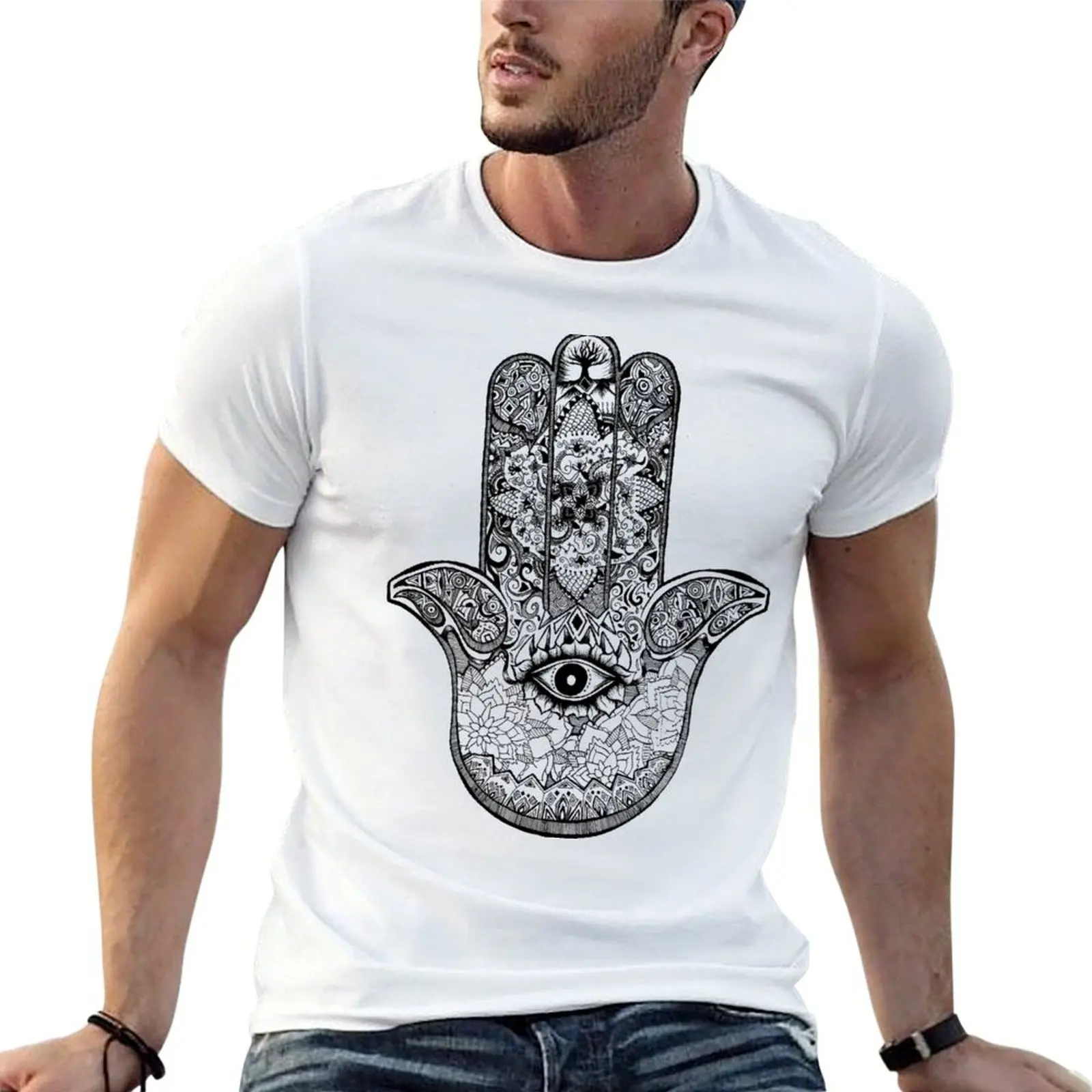 Фото Футболка Hamsa Hand 2.0, мужская футболка из 100% хлопка, роскошные брендовые футболки для мужчин, футболки с графическим рисунком, мужская однотонная футболка №1