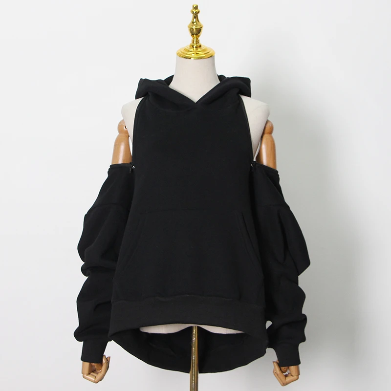 

Autumn and Winter Women's Casual Solid Color Sweater Hooded Collar Long-sleeved Hollow Strapless Sexy Zipper Women Fashion