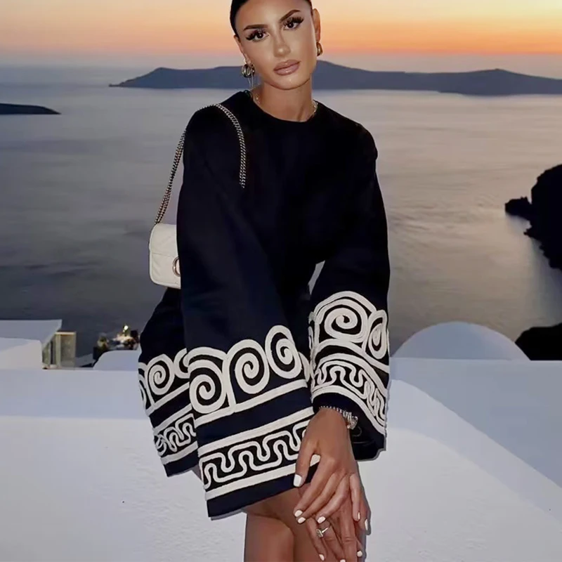 

Пляжное платье в стиле бохо, Осеннее винтажное платье оверсайз с расклешенными длинными рукавами, повседневное этническое свободное платье с вышивкой, женское платье