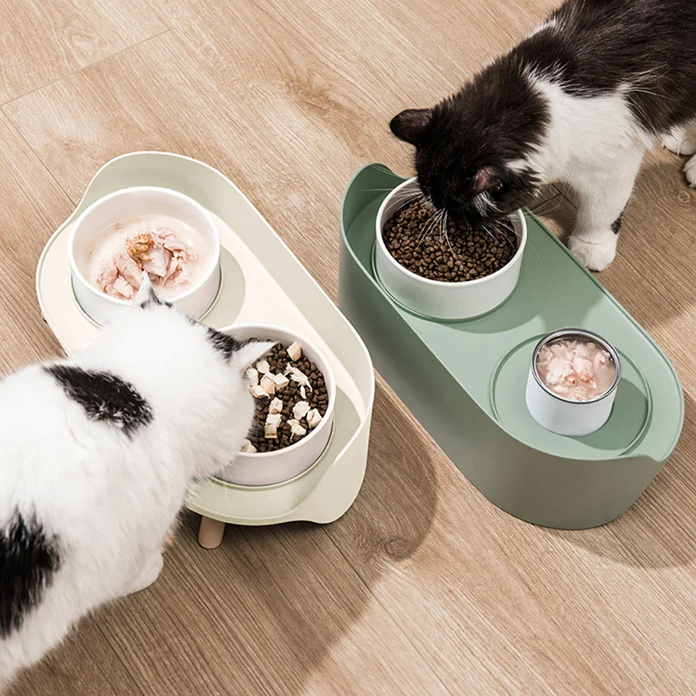 

Dog Cat Double Bowl Semi Enclosed Anti Spill Raised Cat Bowl Feeds Food and Water in One-desigh Protects Cat's Vertebra