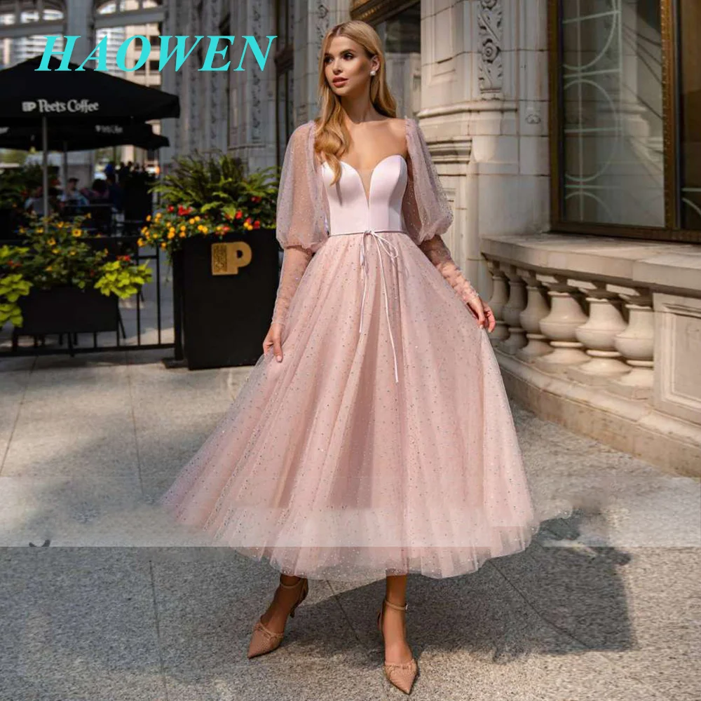 

Современное ТРАПЕЦИЕВИДНОЕ Тюлевое платье HAOWEN H723, вечернее платье до щиколотки с иллюзией, женские халаты с длинным рукавом