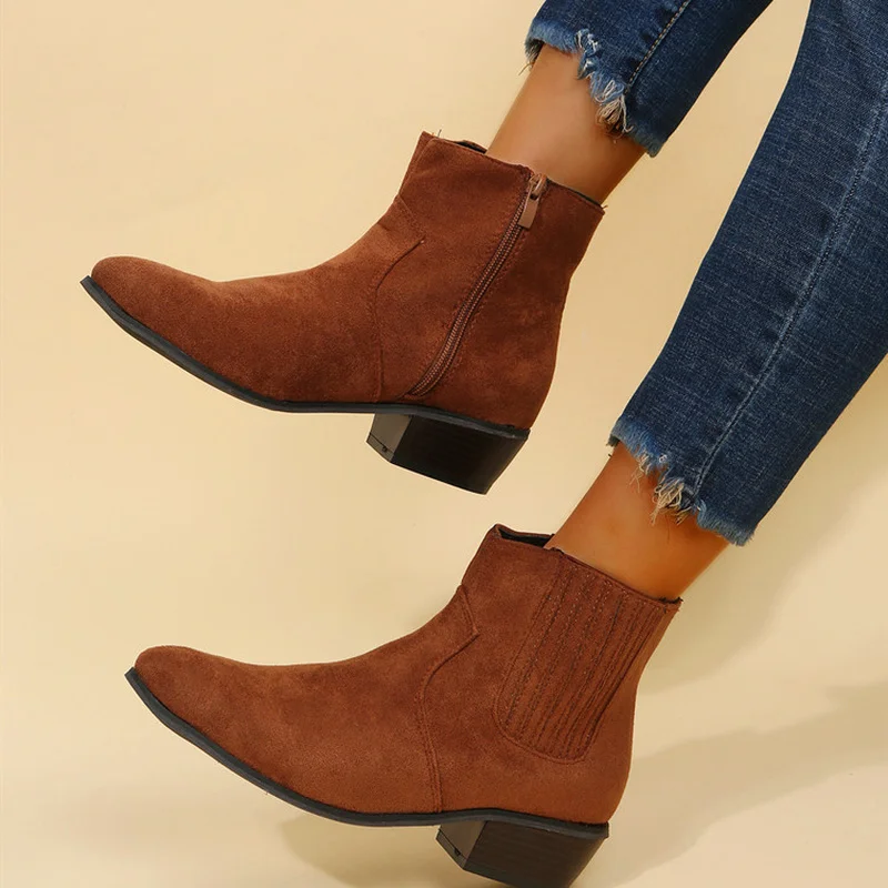Fashion Sexy Women's Boots 2022 Autumn Winter New Suede Pointoe Med Heel Short Boots Large Size 43 Botas De Mujer