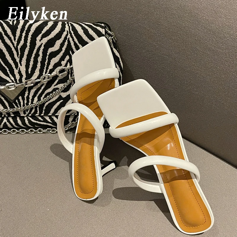 

Eilyken New Design Square Toe Slippers Women Fashion Narrow Band Hollow 2022 Summer New Thin Heels Ladies Party Slides Shoes