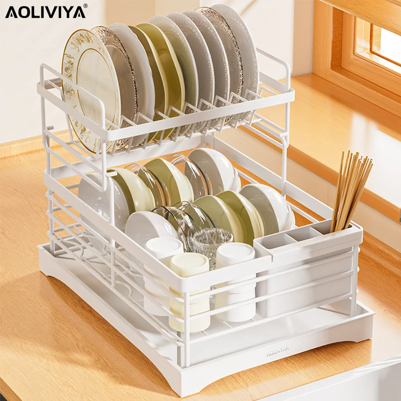 

AOLIVIYA Kitchen Dish Storage Rack Drain Tableware Chopsticks Organizer Double-layer Countertop Dishwashing Plate Rack Bowl Rack