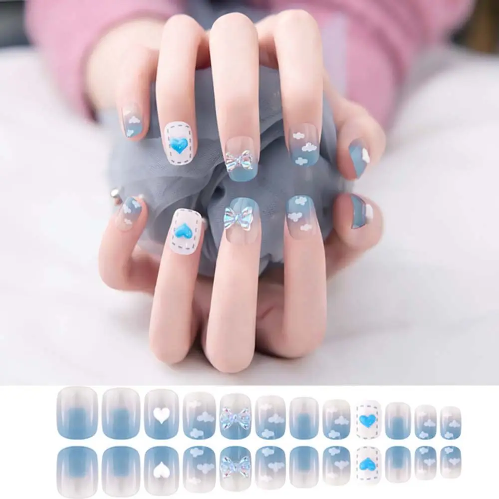 

Starry Sky Blue And White Clouds Fake Nails Lovely Full Cover Fake Nails DIY Glue Press On Nails Nail Supplies For Professionals
