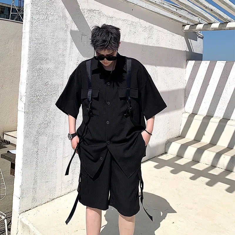 

Summer National Fashion Hip-Hop Cargo Fried Street Suit Men's Fashion Brand Short Sleeve Shirt Two-Piece SuithiphopRuan Handsome
