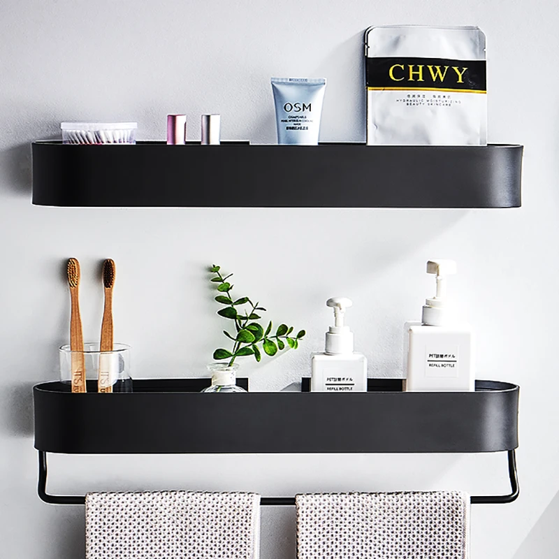 

Bathroom Shelf Rack Wall Mounted Shelves Bath Towel Holder Black Shower Storage Basket Kitchen Organizer Bathroom Accessories