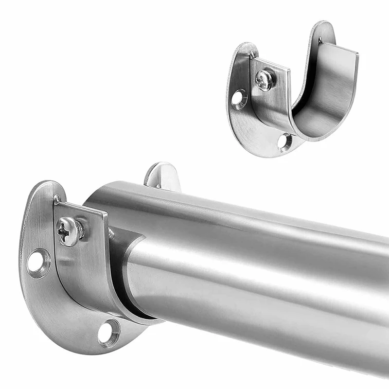Stainless Steel Clothes Rail Closet Rail Curtain Rod Shower Curtain Closet U-Shaped Rod Pole Sockets Flange End Supports