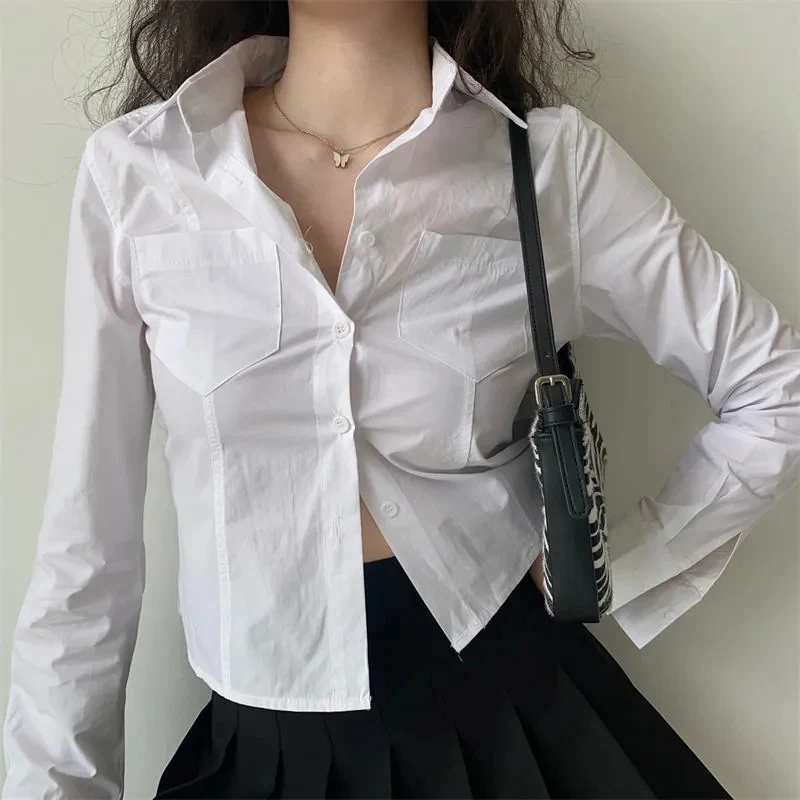 Zoki White Long Sleeve Crop Shirt Women Korean Fashion Single Breasted Lapel Casual Top Harajuku Office Slim All Match Blouse