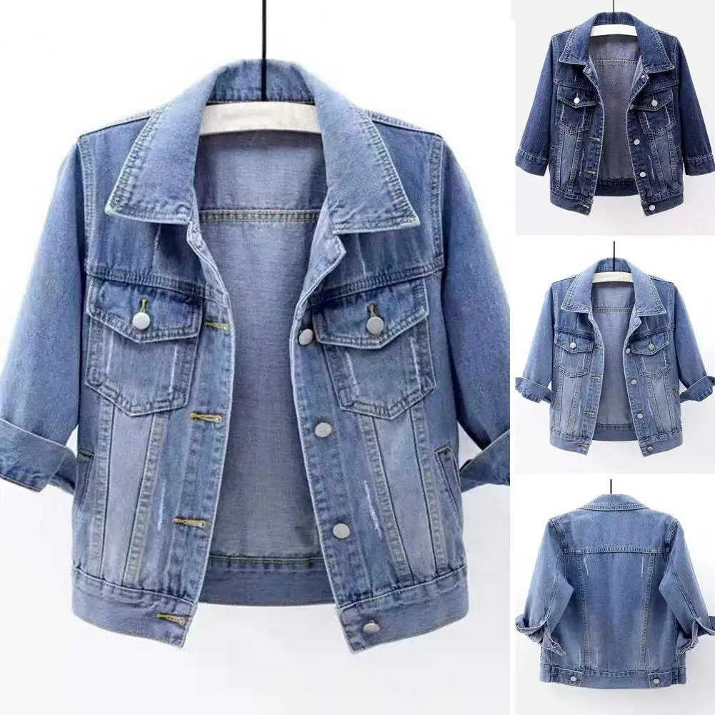 

3/4 Sleeves Denim Jacket Stylish Denim Jacket for Women Lapel Design 3/4 Sleeve Flap Pockets Spring/autumn Outerwear Women Denim
