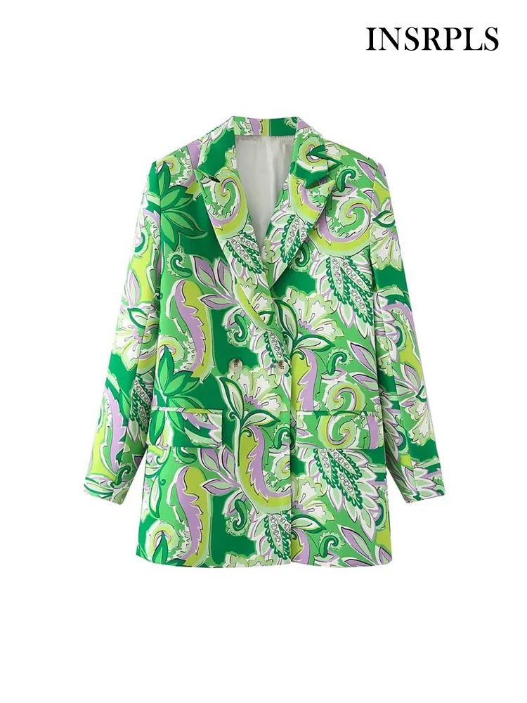 

Женский двубортный блейзер с принтом, длинным рукавом и карманами