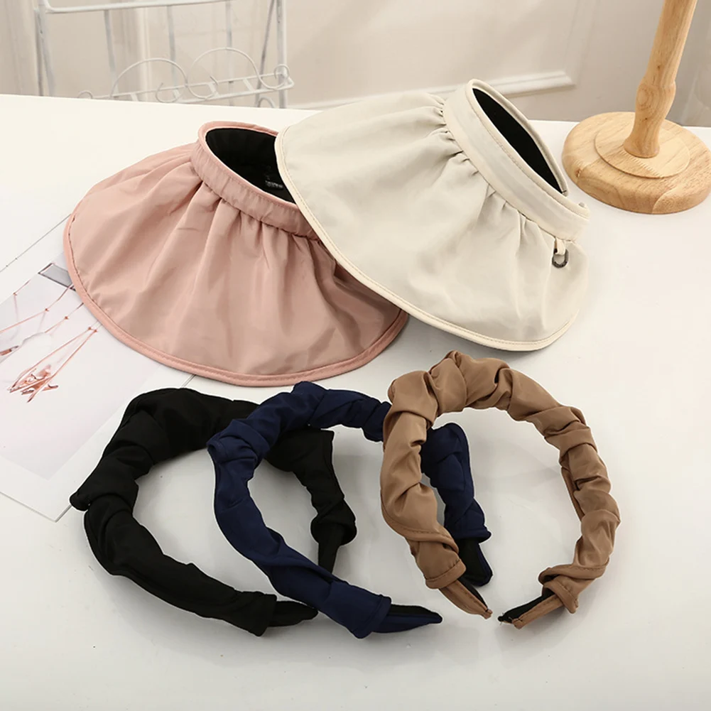 

Portable Foldable Wide Large Brim Sun Hat Beach Hats For Women Empty Top Visors Cap Hair Accessories Dual-Use Headband Hat